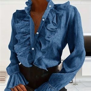 Solid Textured Ruffle Trim Button Front Long Sleeve Blouse